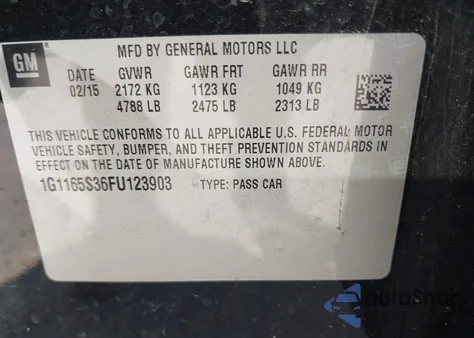 2015 Chevrolet Impala 2Lz из США, поврежденный, VIN 1G1165S36FU123903